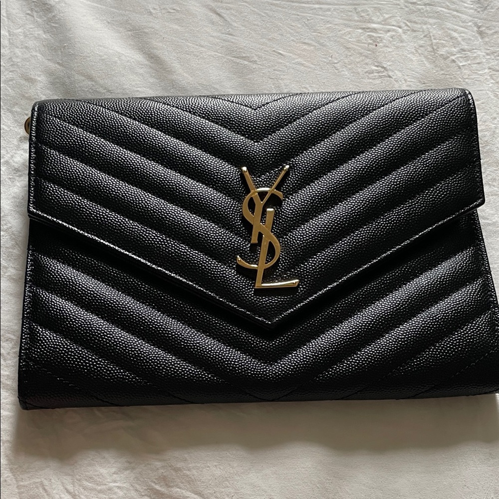 Yves Saint Laurent Black Quilted Clutch with Gold Logo